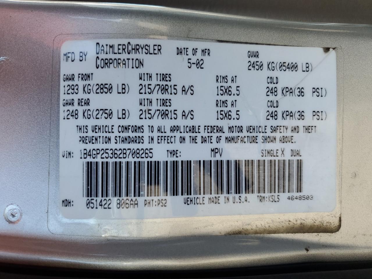 2002 Dodge Caravan Se VIN: 1B4GP25362B708265 Lot: 68397155