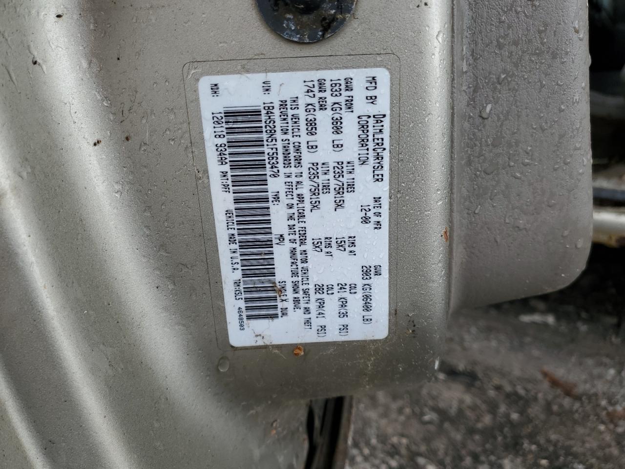 2001 Dodge Durango VIN: 1B4HS28N51F563470 Lot: 70053465