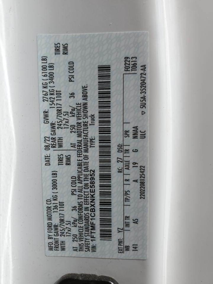 2022 Ford F150 VIN: 1FTMF1CBXNKE58952 Lot: 68831635