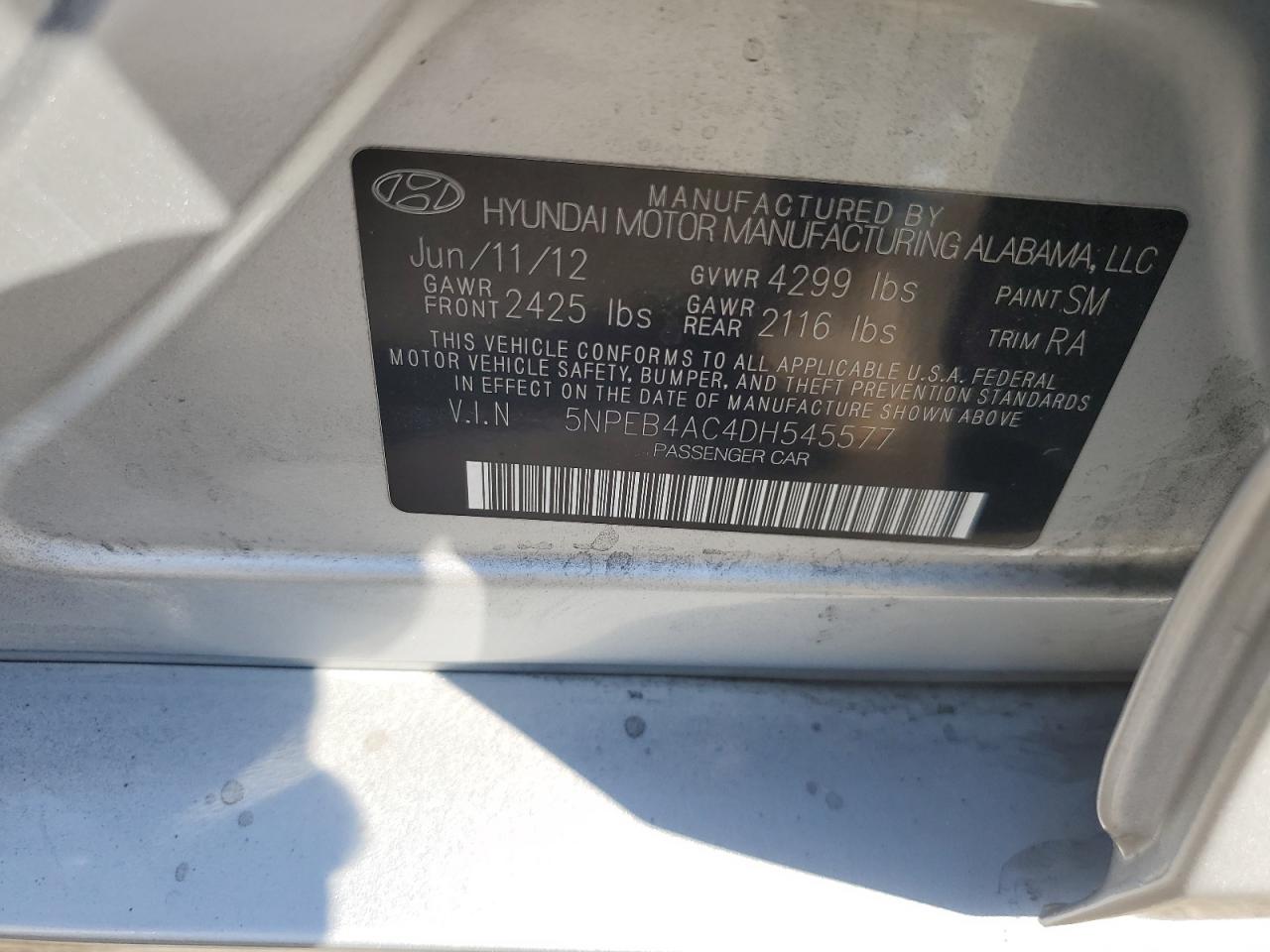 2013 Hyundai Sonata Gls VIN: 5NPEB4AC4DH545577 Lot: 69030685