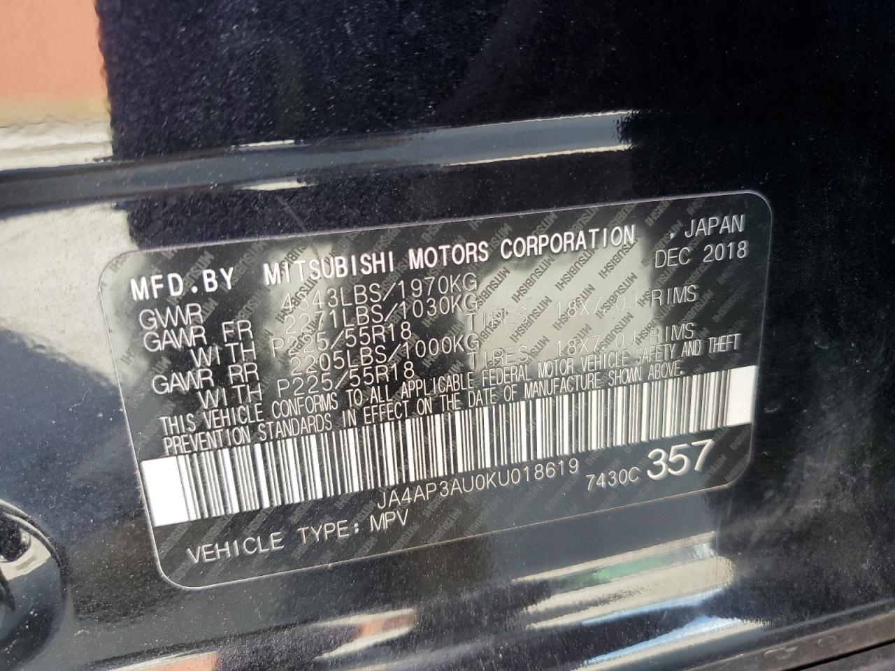 2019 Mitsubishi Outlander Sport Es VIN: JA4AP3AU0KU018619 Lot: 68418365