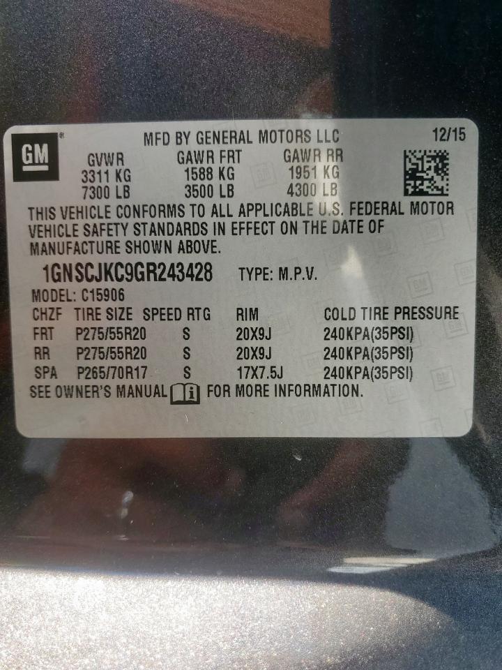 2016 Chevrolet Suburban C1500 Ltz VIN: 1GNSCJKC9GR243428 Lot: 70602375