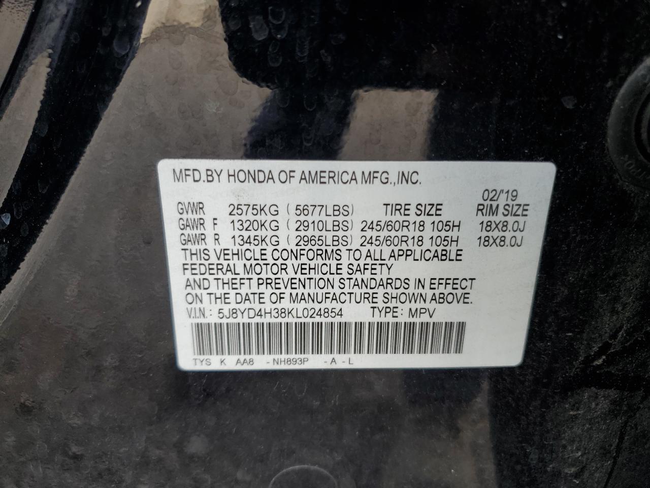 2019 Acura Mdx VIN: 5J8YD4H38KL024854 Lot: 70220555