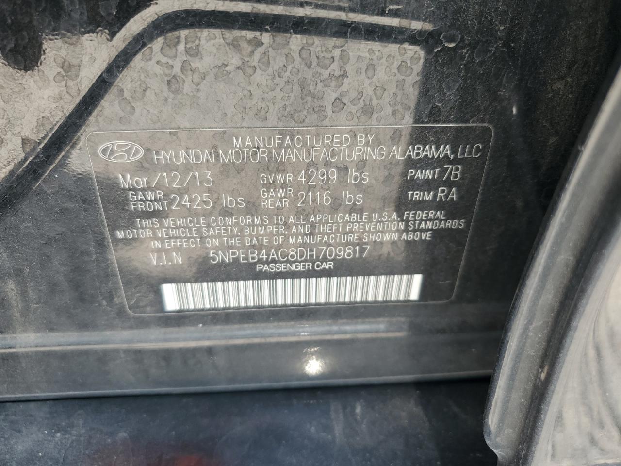 5NPEB4AC8DH709817 2013 Hyundai Sonata Gls