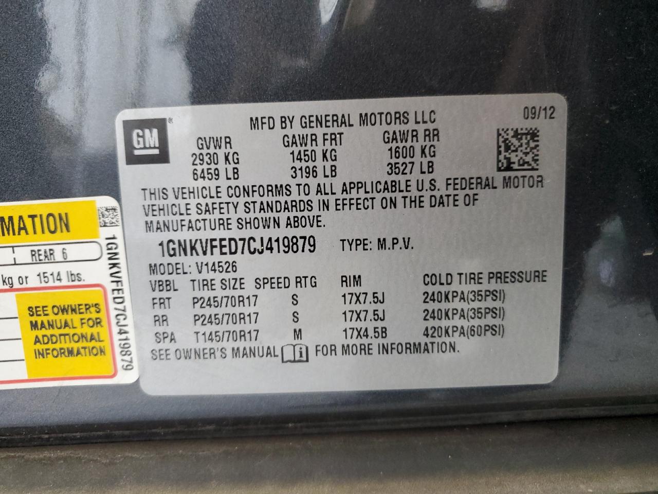 2012 Chevrolet Traverse Ls VIN: 1GNKVFED7CJ419879 Lot: 70472845