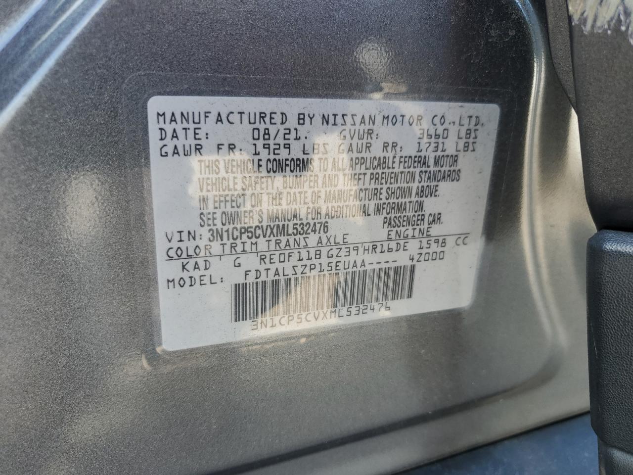 2021 Nissan Kicks Sv VIN: 3N1CP5CVXML532476 Lot: 69615245