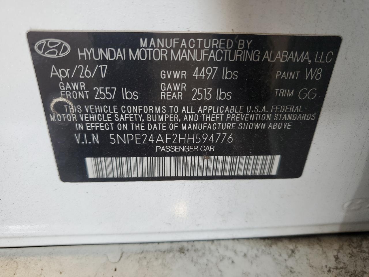 2017 Hyundai Sonata Se VIN: 5NPE24AF2HH594776 Lot: 68923755