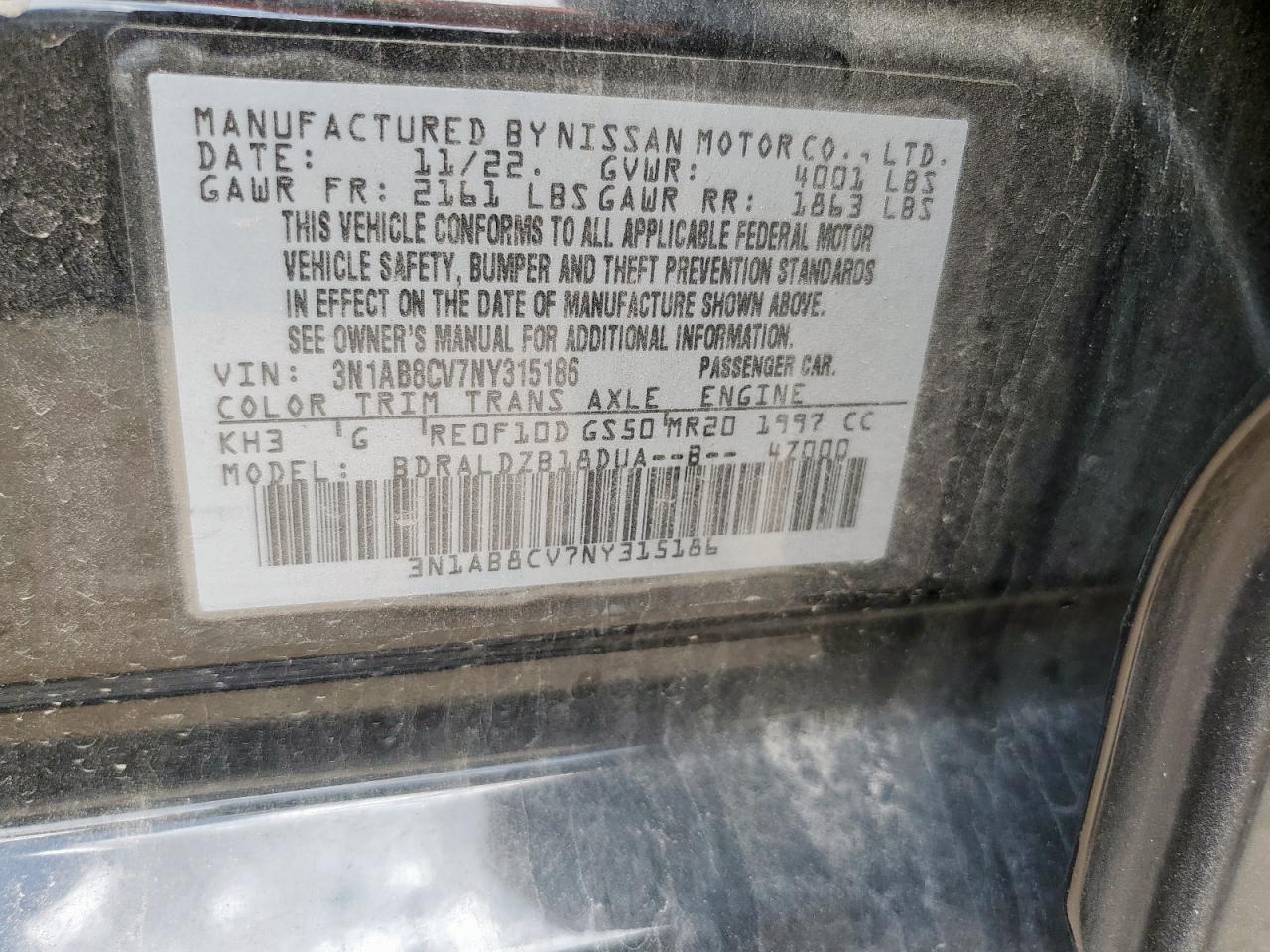 2022 Nissan Sentra Sv VIN: 3N1AB8CV7NY315186 Lot: 68790255