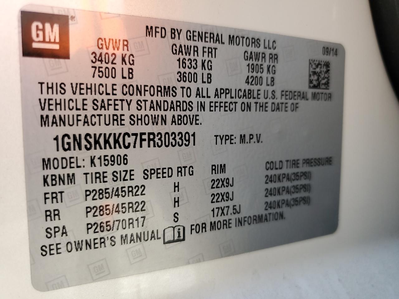 2015 Chevrolet Suburban K1500 Ltz VIN: 1GNSKKKC7FR303391 Lot: 67794035