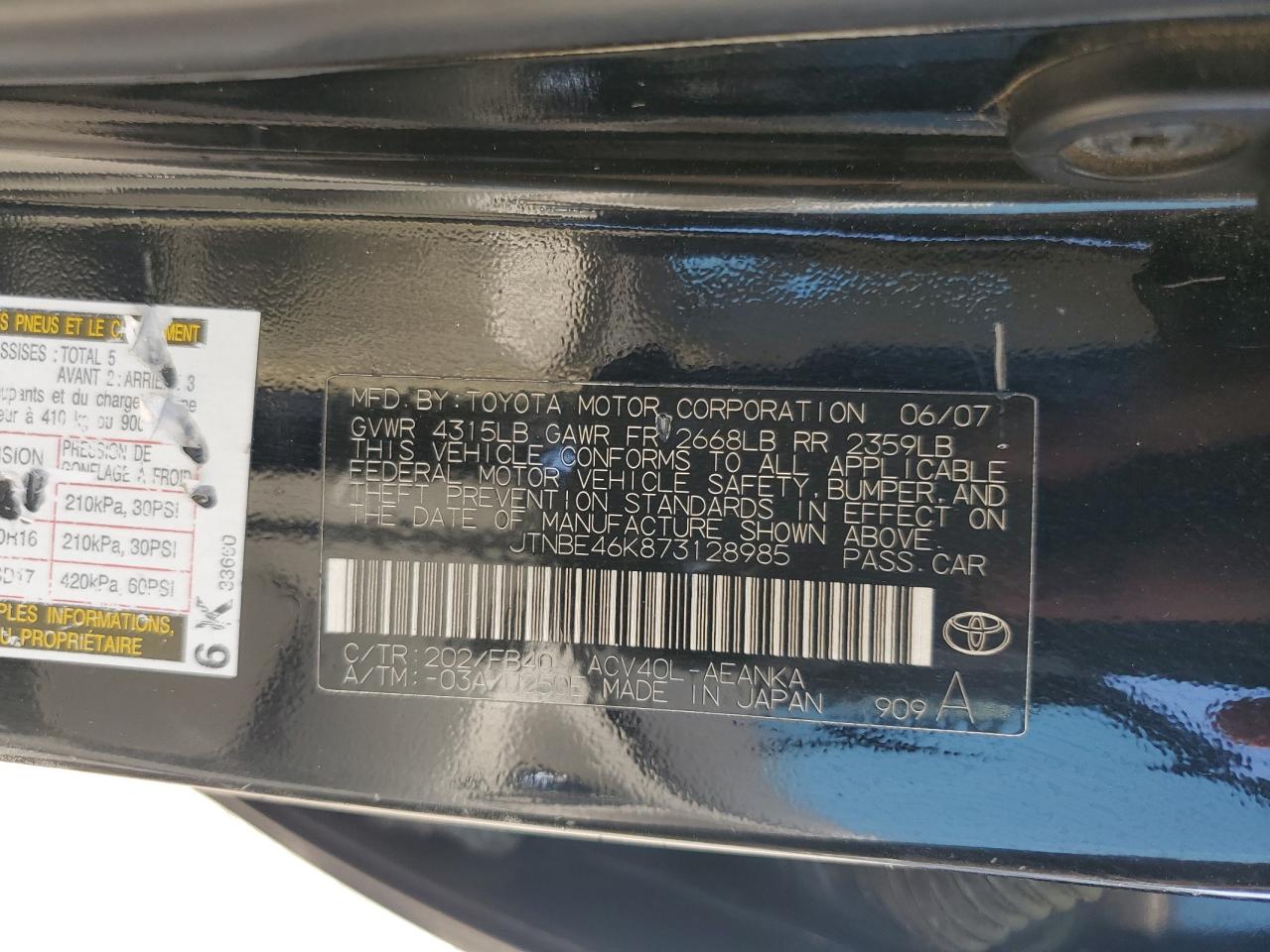 2007 Toyota Camry Ce VIN: JTNBE46K873128985 Lot: 70874655