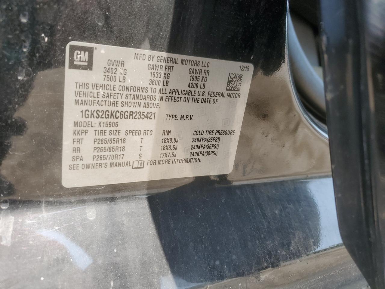 2016 GMC Yukon Xl K1500 Slt VIN: 1GKS2GKC3GR235421 Lot: 65929775