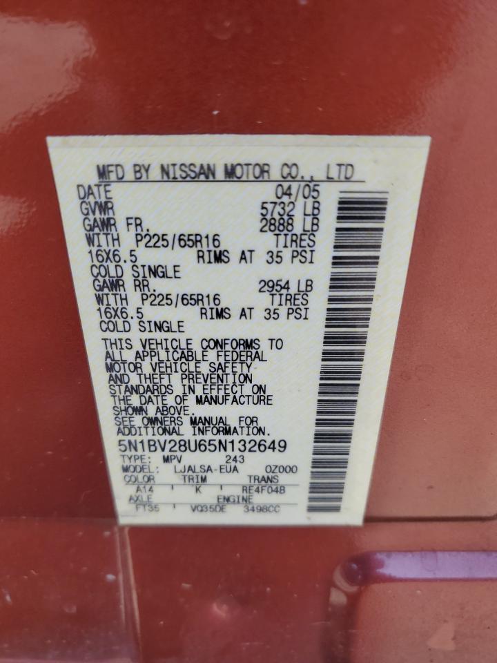 2005 Nissan Quest S VIN: 5N1BV28U65N132649 Lot: 70528735