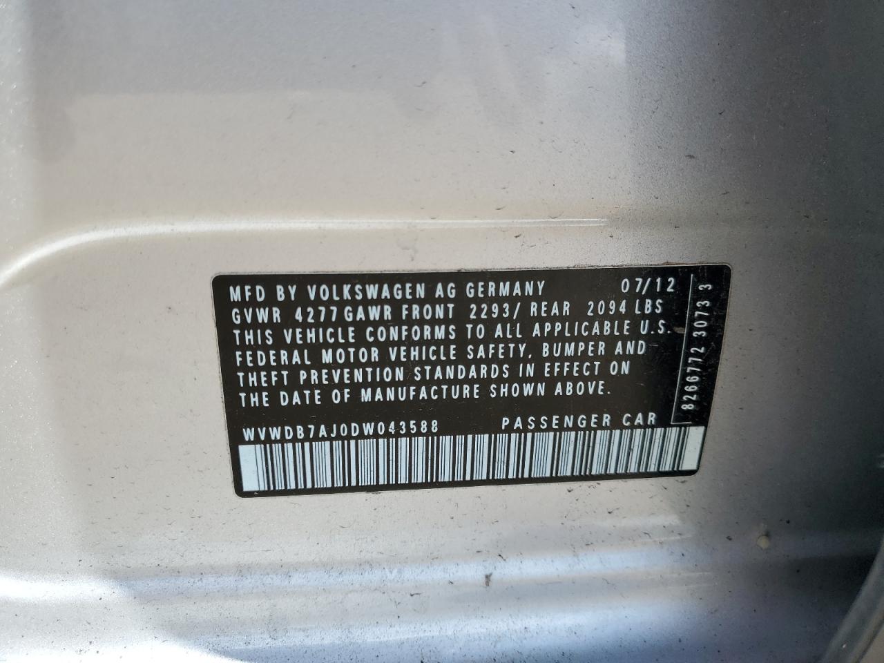 2013 Volkswagen Golf VIN: WVWDB7AJ0DW043588 Lot: 68170395