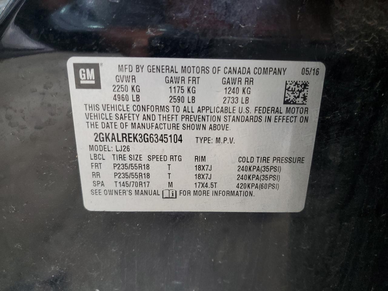 2016 GMC Terrain Denali VIN: 2GKALREK3G6345104 Lot: 68507555