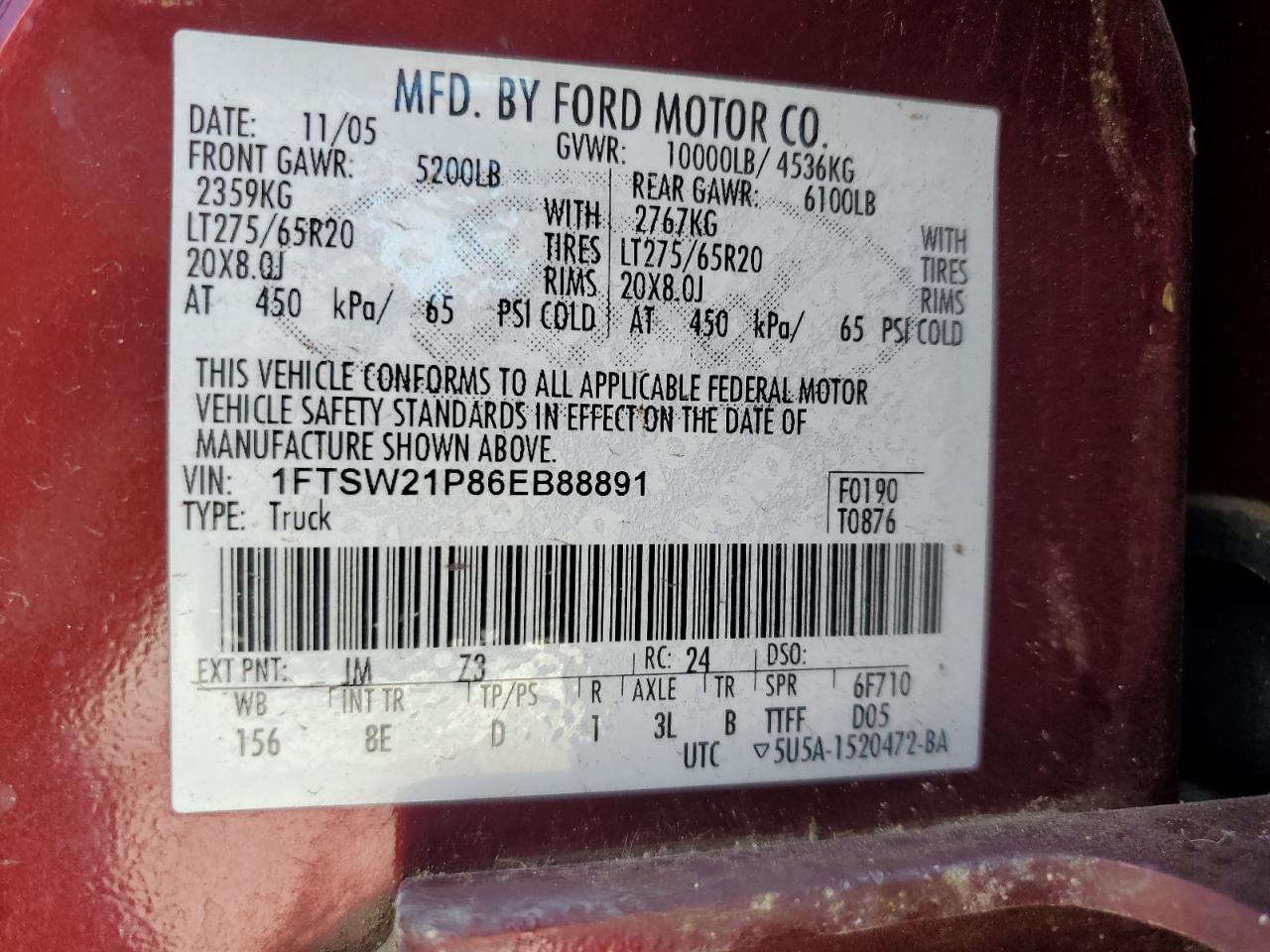 2006 Ford F250 Super Duty VIN: 1FTSW21P86EB88891 Lot: 68512985