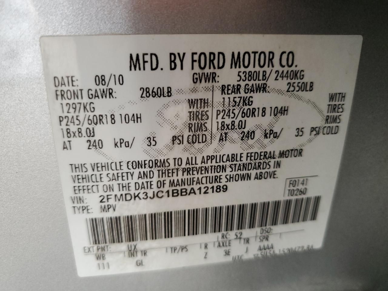 2011 Ford Edge Sel VIN: 2FMDK3JC1BBA12189 Lot: 68868795