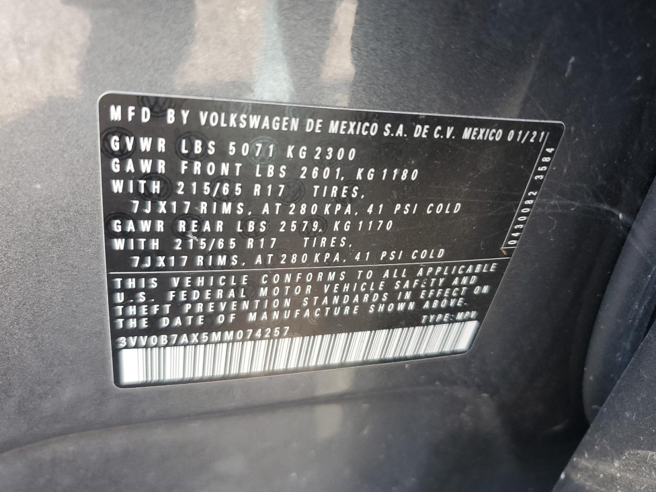 2021 Volkswagen Tiguan S VIN: 3VV0B7AX5MM074257 Lot: 67538435