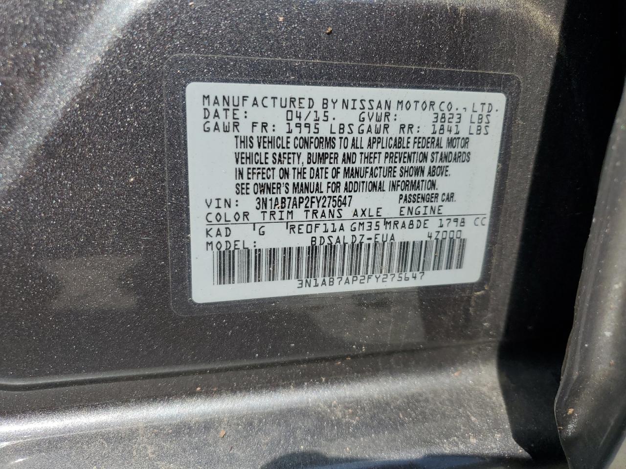 2015 Nissan Sentra S VIN: 3N1AB7AP2FY275647 Lot: 70761925