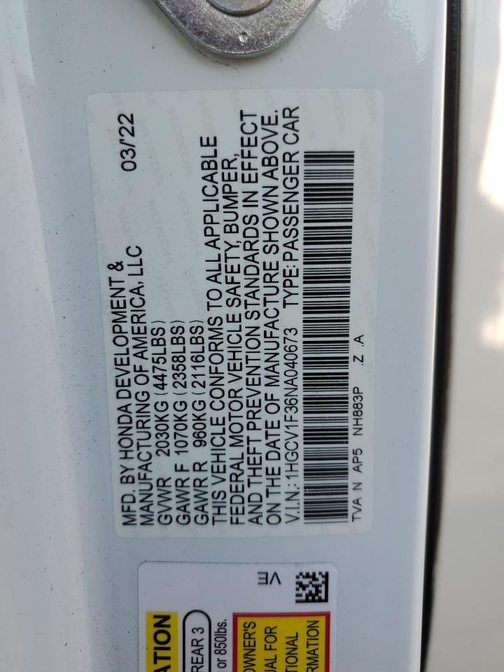 2022 Honda Accord Sport VIN: 1HGCV1F36NA040673 Lot: 68378405