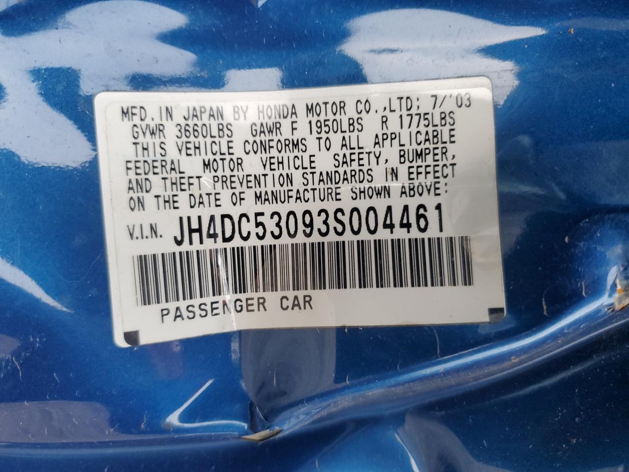 2003 Acura Rsx Type-S VIN: JH4DC53093S004461 Lot: 69113085