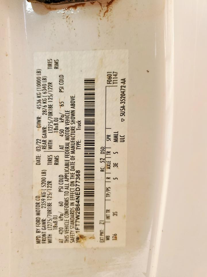 2022 Ford F250 Super Duty VIN: 1FT7W2B64NED77368 Lot: 68914595