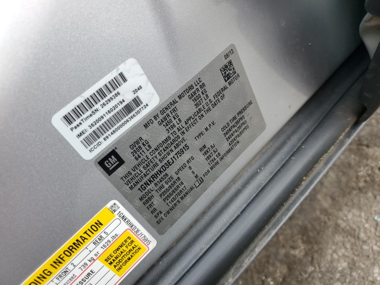 2014 Chevrolet Traverse Lt VIN: 1GNKRHKD3EJ175915 Lot: 68847145