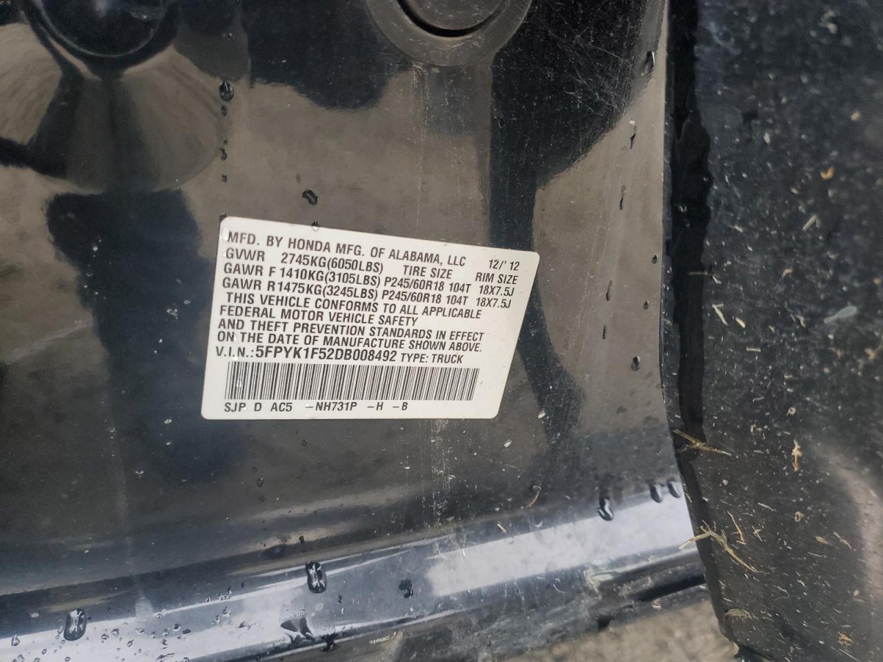 2013 Honda Ridgeline Rtl VIN: 5FPYK1F52DB008492 Lot: 63207955