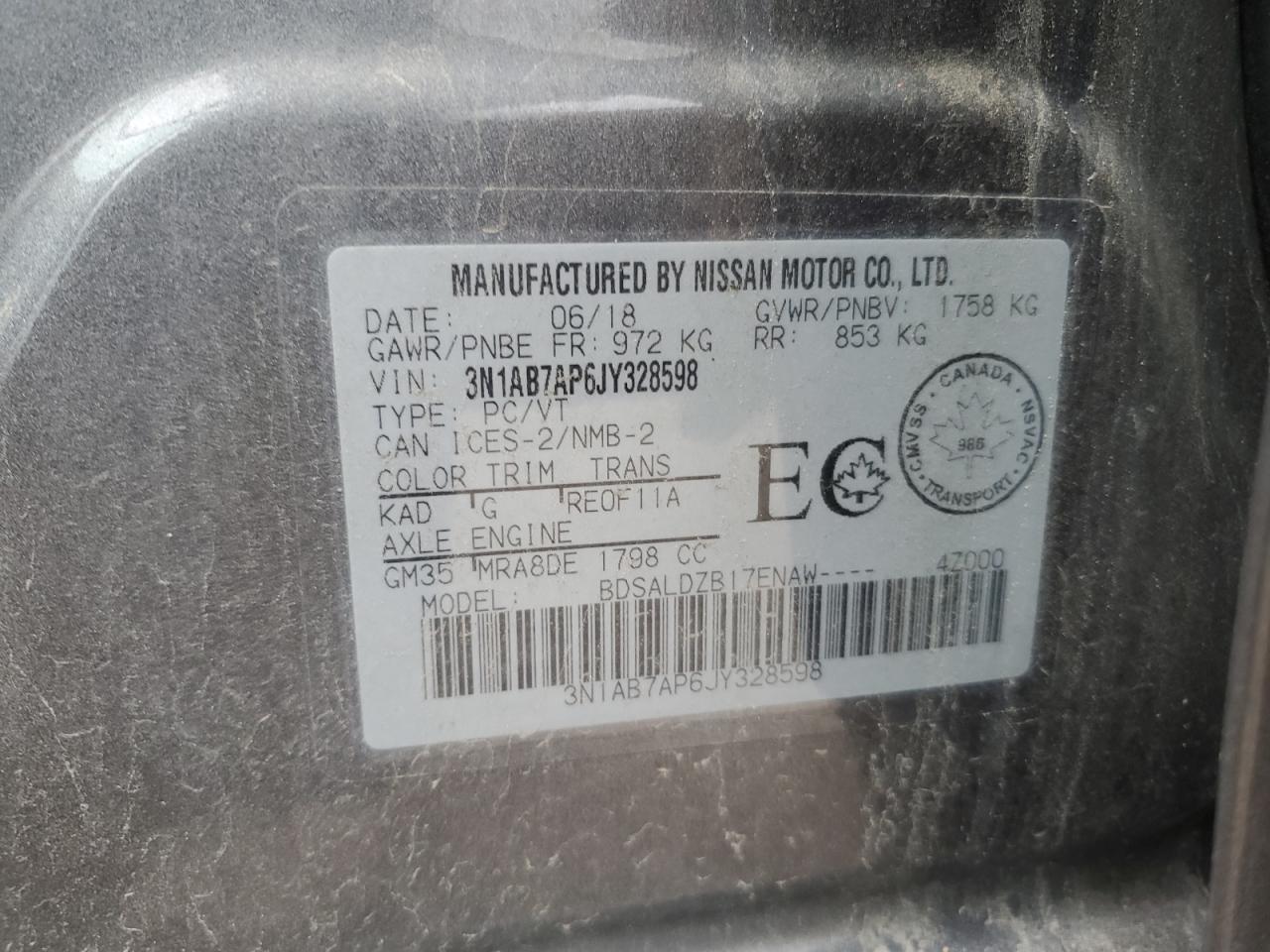 2018 Nissan Sentra S VIN: 3N1AB7AP6JY328598 Lot: 68165095