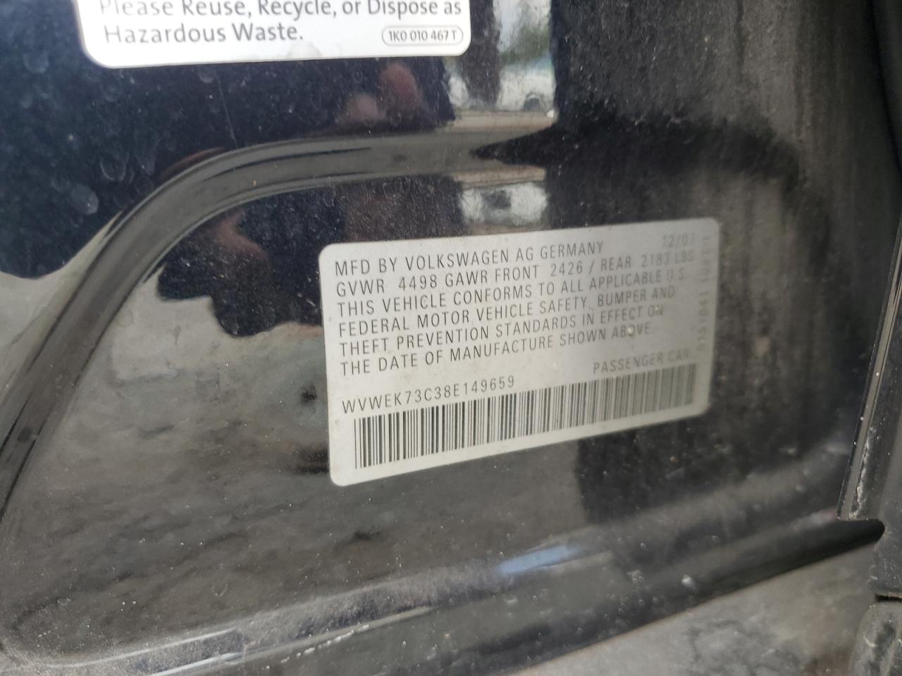 2008 Volkswagen Passat Lux VIN: WVWEK73C38E149659 Lot: 69222055