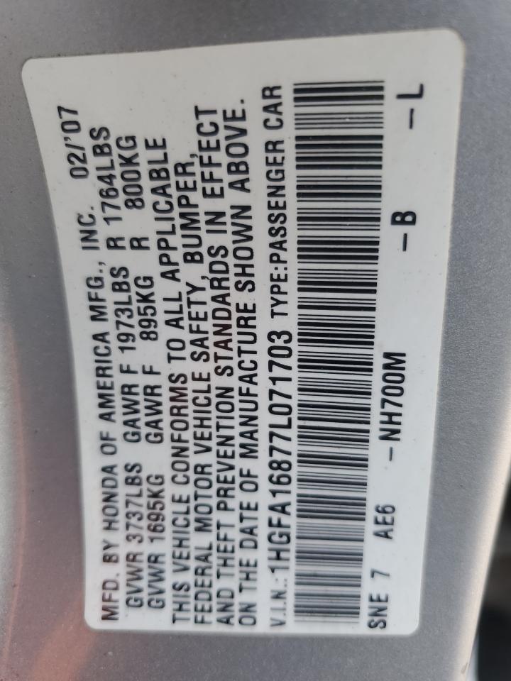 2007 Honda Civic Ex VIN: 1HGFA16877L071703 Lot: 68348225