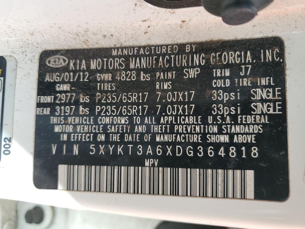 2013 Kia Sorento Lx VIN: 5XYKT3A6XDG364818 Lot: 67918375