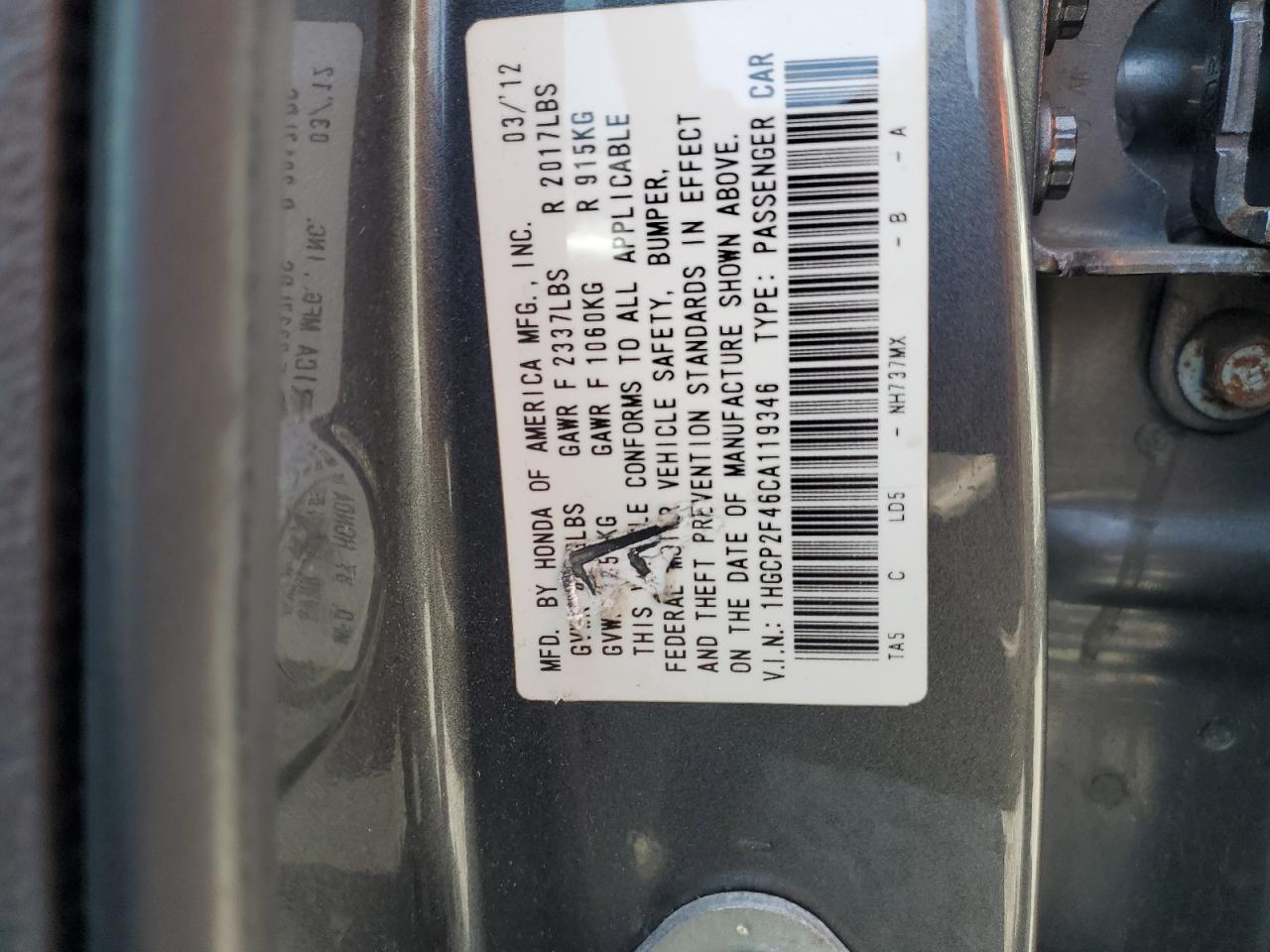 2012 Honda Accord Lxp VIN: 1HGCP2F46CA119346 Lot: 67825335