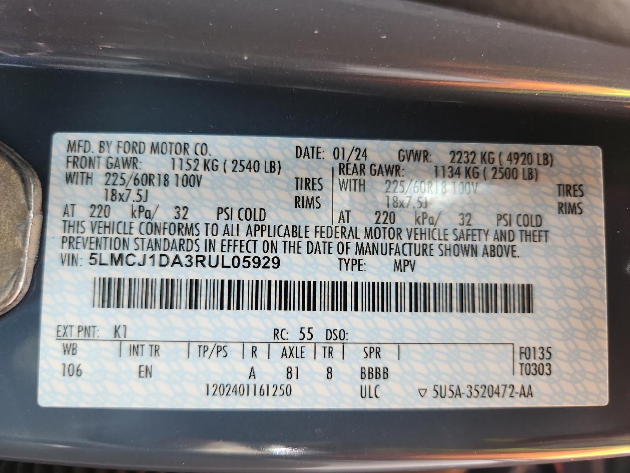 2024 Lincoln Corsair VIN: 5LMCJ1DA3RUL05929 Lot: 70939025
