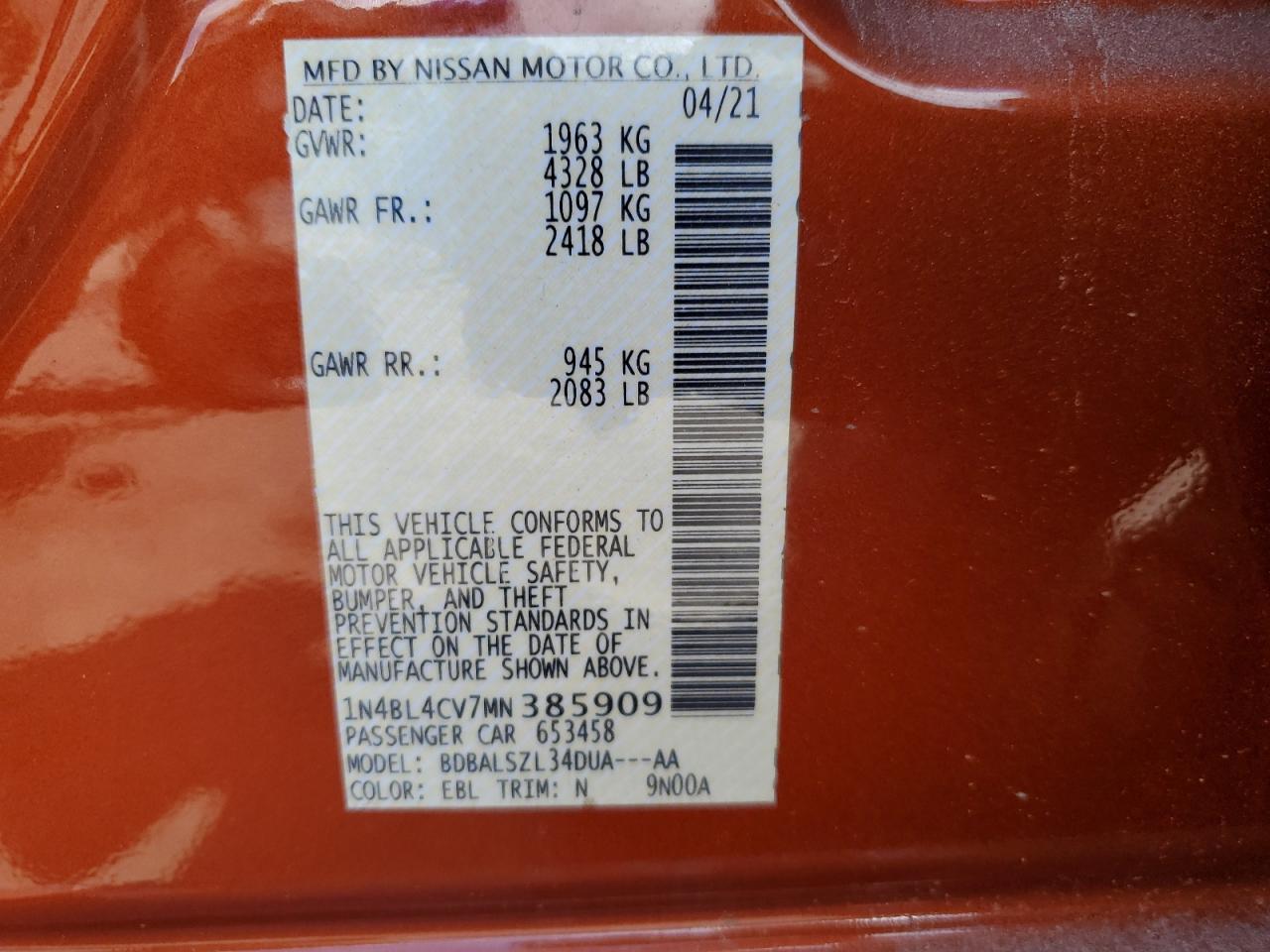 2021 Nissan Altima Sr VIN: 1N4BL4CV7MN385909 Lot: 68869705