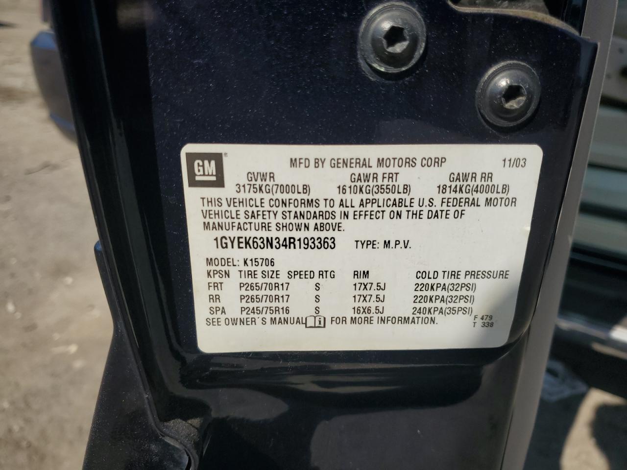 2004 Cadillac Escalade Luxury VIN: 1GYEK63N34R193363 Lot: 66896495