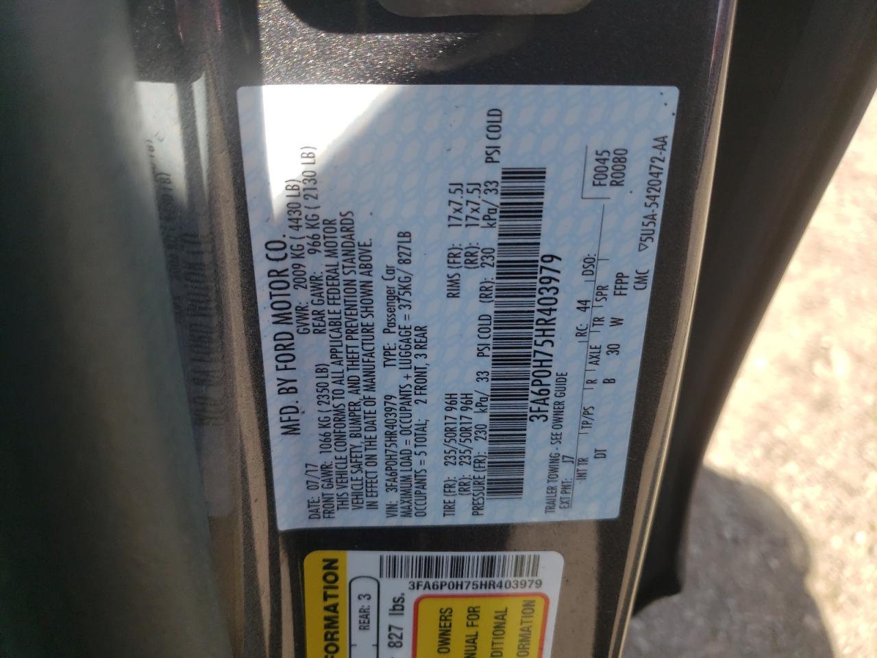 2017 Ford Fusion Se VIN: 3FA6P0H75HR403979 Lot: 68320325