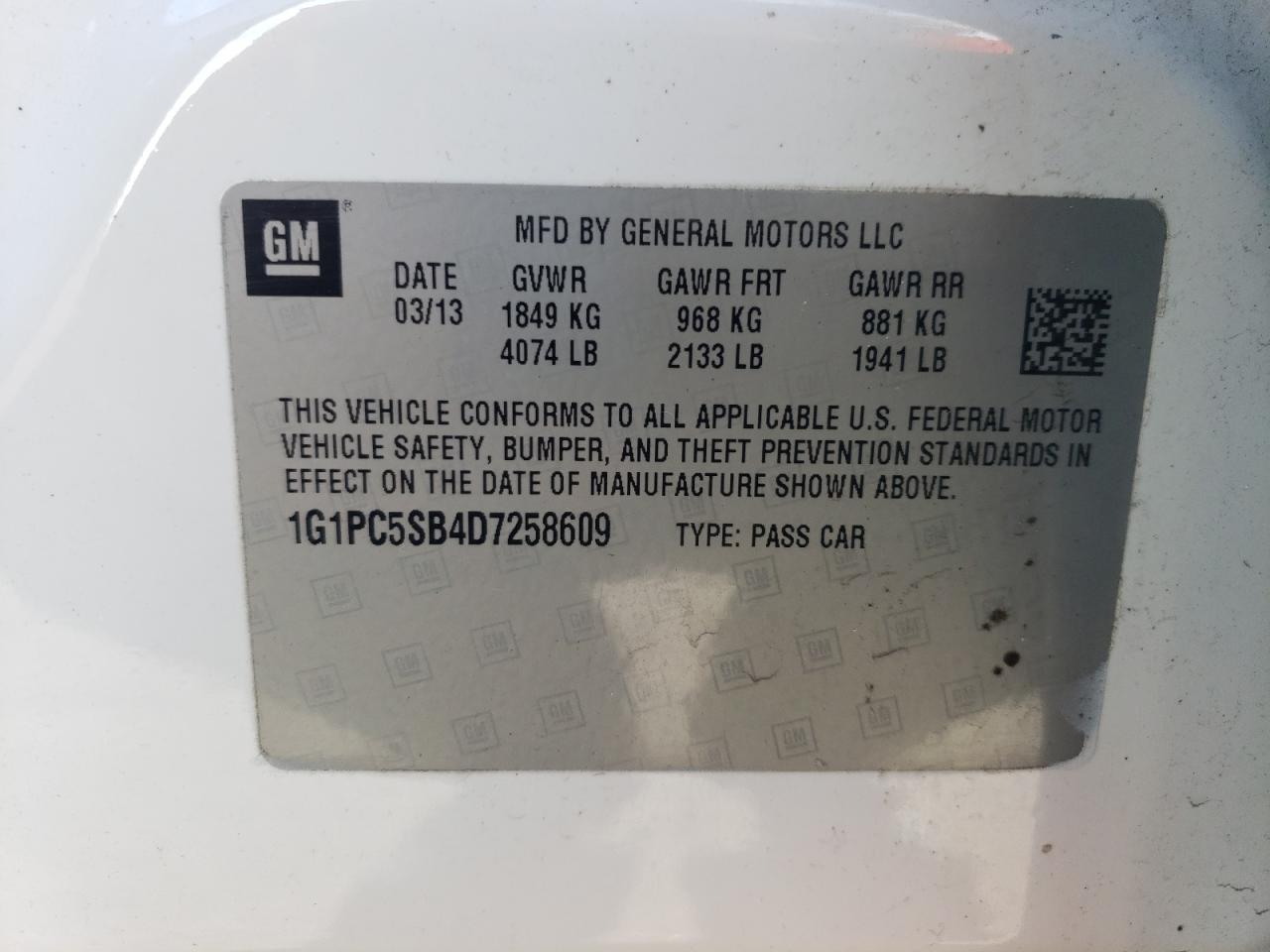 2013 Chevrolet Cruze Lt VIN: 1G1PC5SB4D7258609 Lot: 69833835