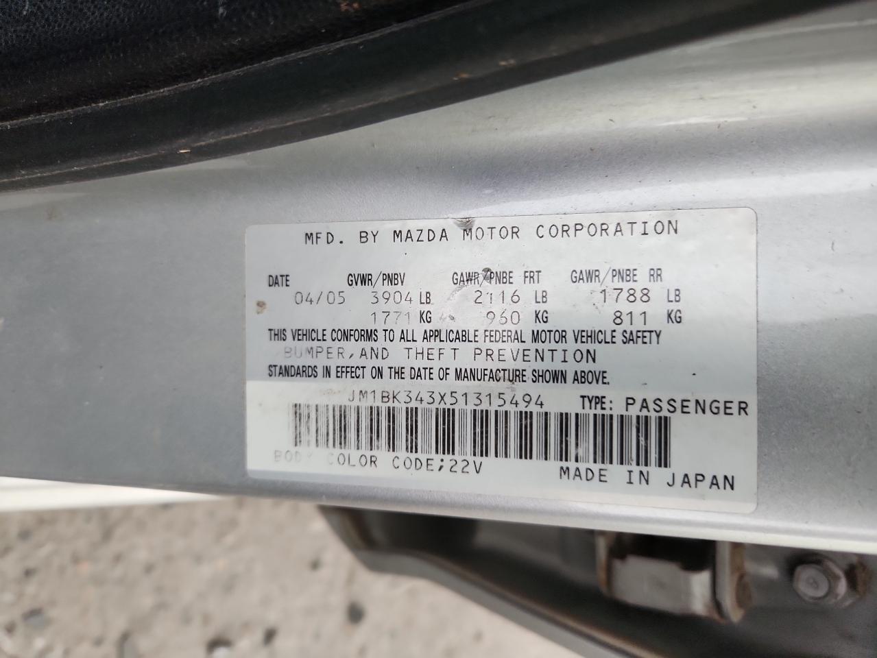 2005 Mazda 3 Hatchback VIN: JM1BK343X51315494 Lot: 70918835