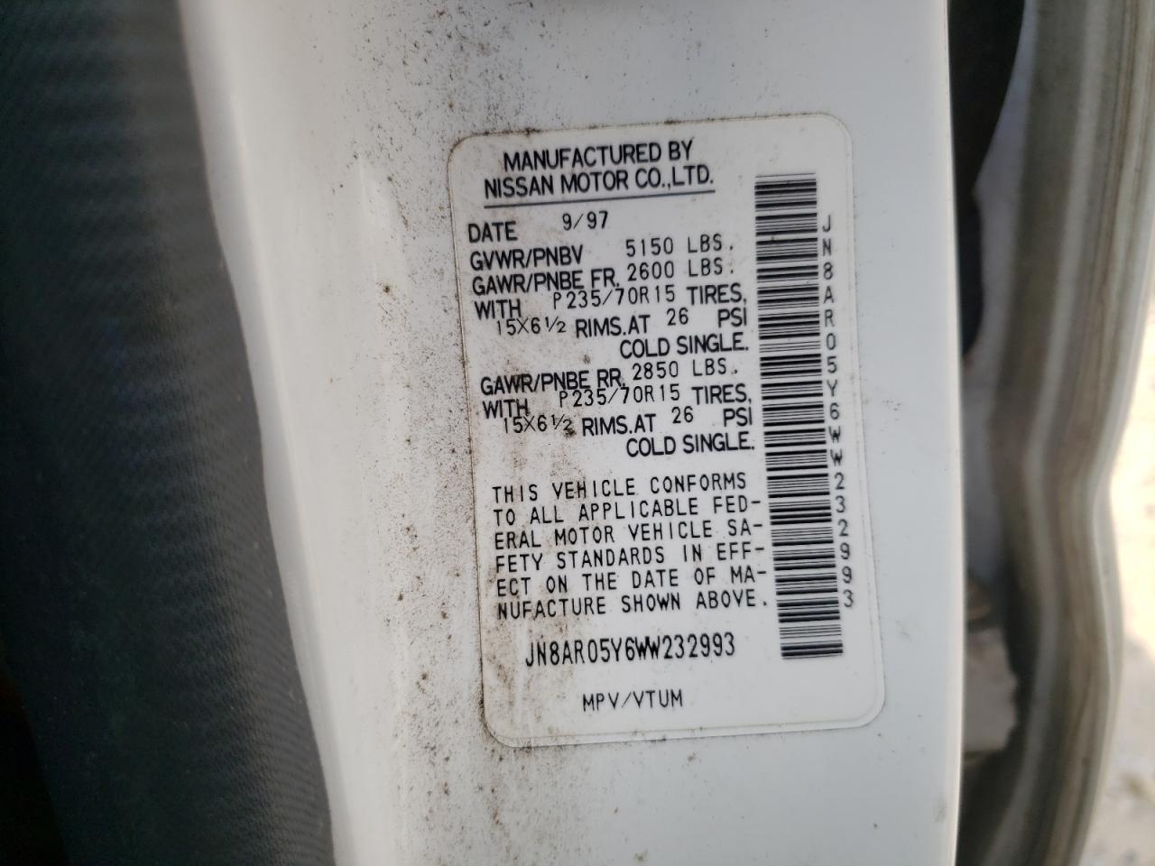 1998 Nissan Pathfinder Le VIN: JN8AR05Y6WW232993 Lot: 69061395