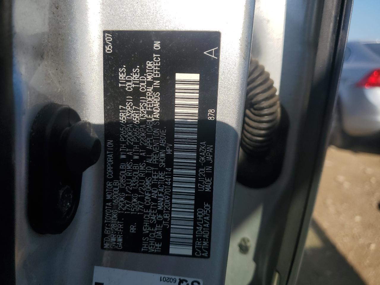 2007 Lexus Gx 470 VIN: JTJBT20X970144114 Lot: 68471495