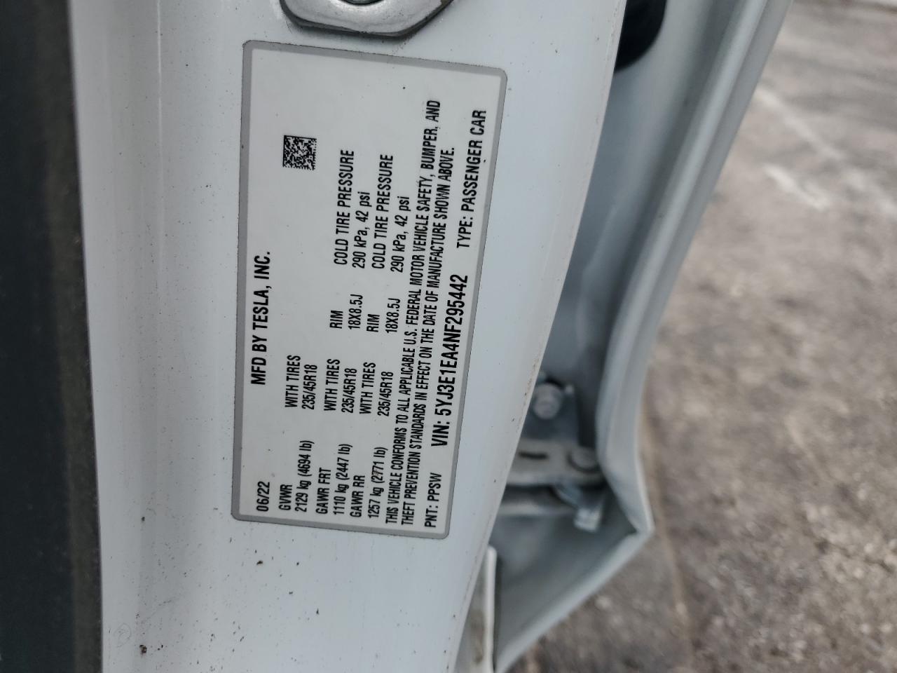 2022 Tesla Model 3 VIN: 5YJ3E1EA4NF295442 Lot: 70827495