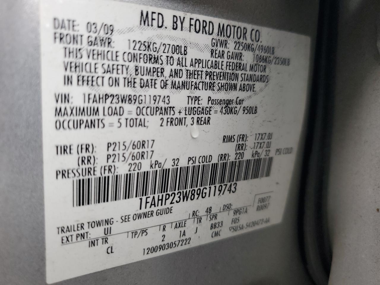 2009 Ford Taurus Se VIN: 1FAHP23W89G119743 Lot: 69181445