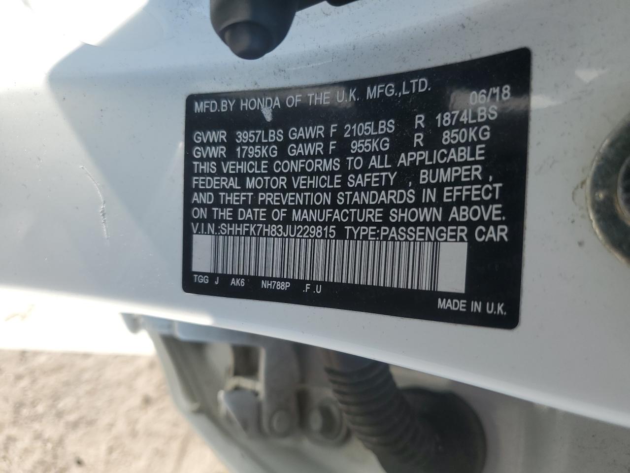 2018 Honda Civic Exl VIN: SHHFK7H83JU229815 Lot: 68716595