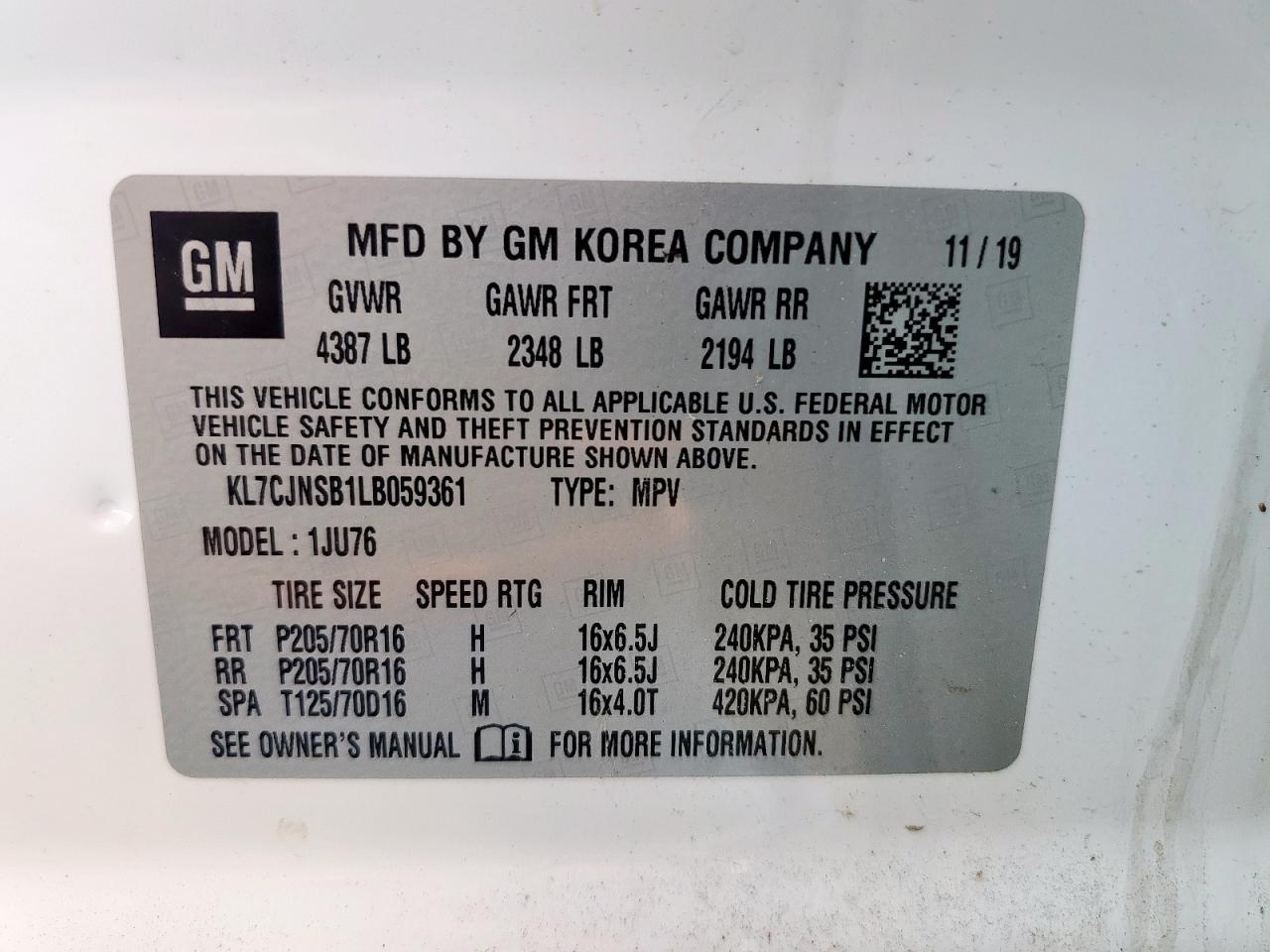 2020 Chevrolet Trax Ls VIN: KL7CJNSB1LB059361 Lot: 67996835