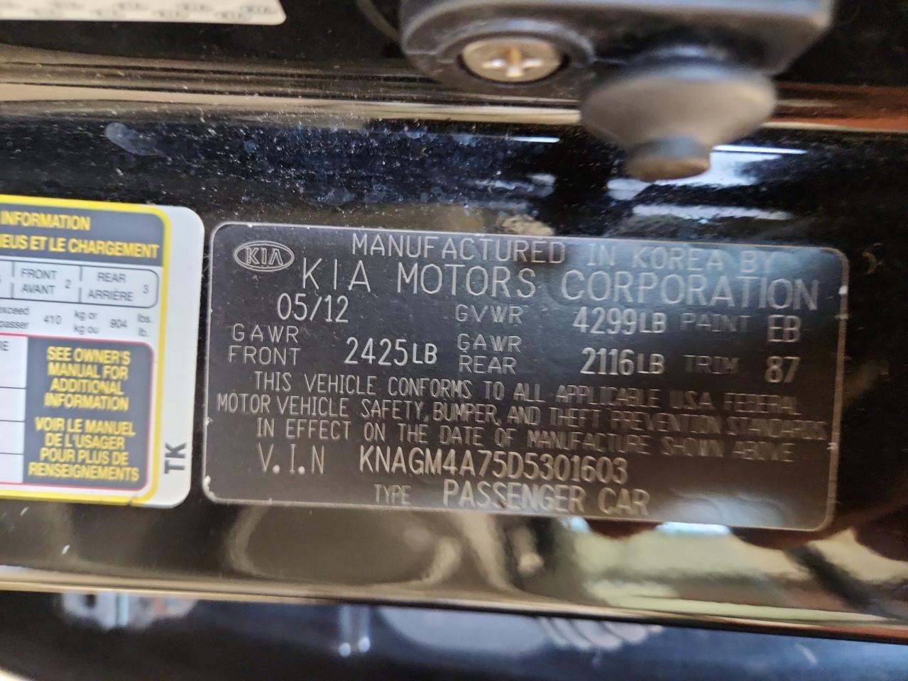 2013 Kia Optima Lx VIN: KNAGM4A75D5301603 Lot: 69429735