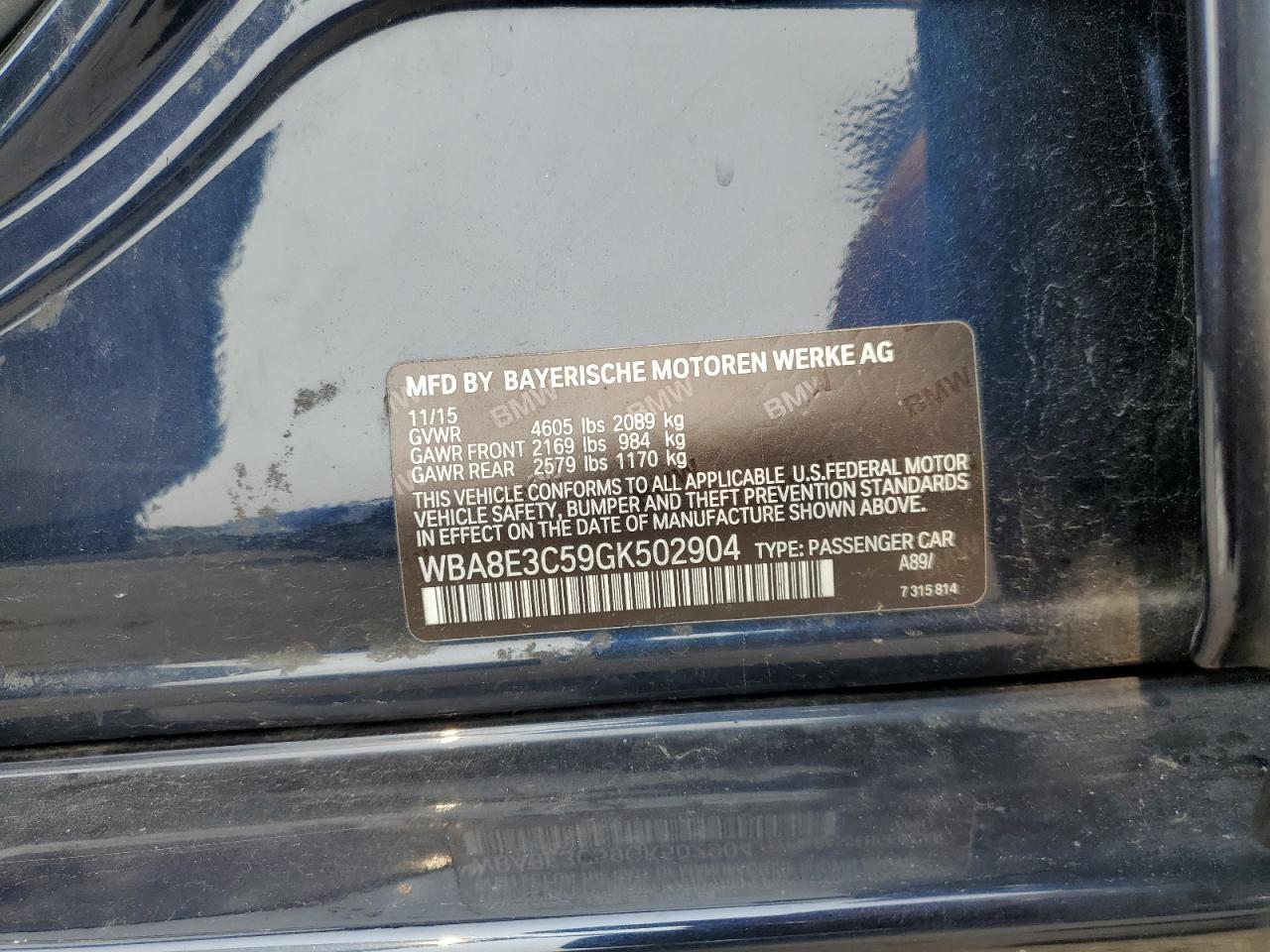 2016 BMW 328 Xi Sulev VIN: WBA8E3C59GK502904 Lot: 67043175