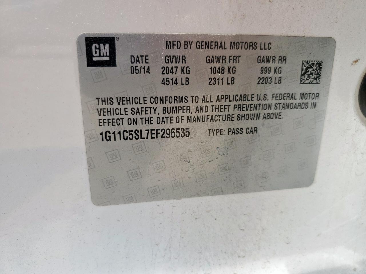 2014 Chevrolet Malibu 1Lt VIN: 1G11C5SL7EF296535 Lot: 67591365