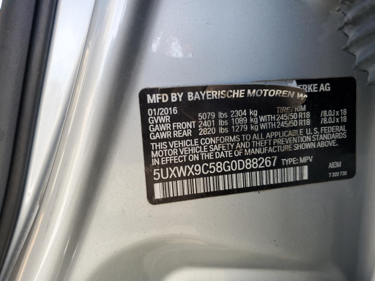 2016 BMW X3 xDrive28I VIN: 5UXWX9C58G0D88267 Lot: 69386095