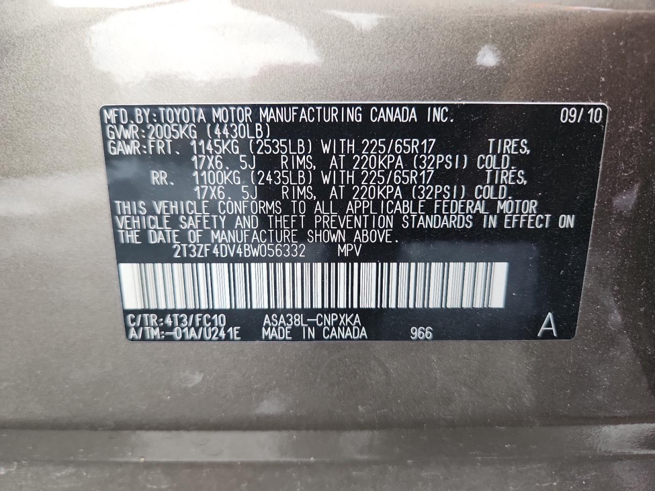 2011 Toyota Rav4 VIN: 2T3ZF4DV4BW056332 Lot: 66672985