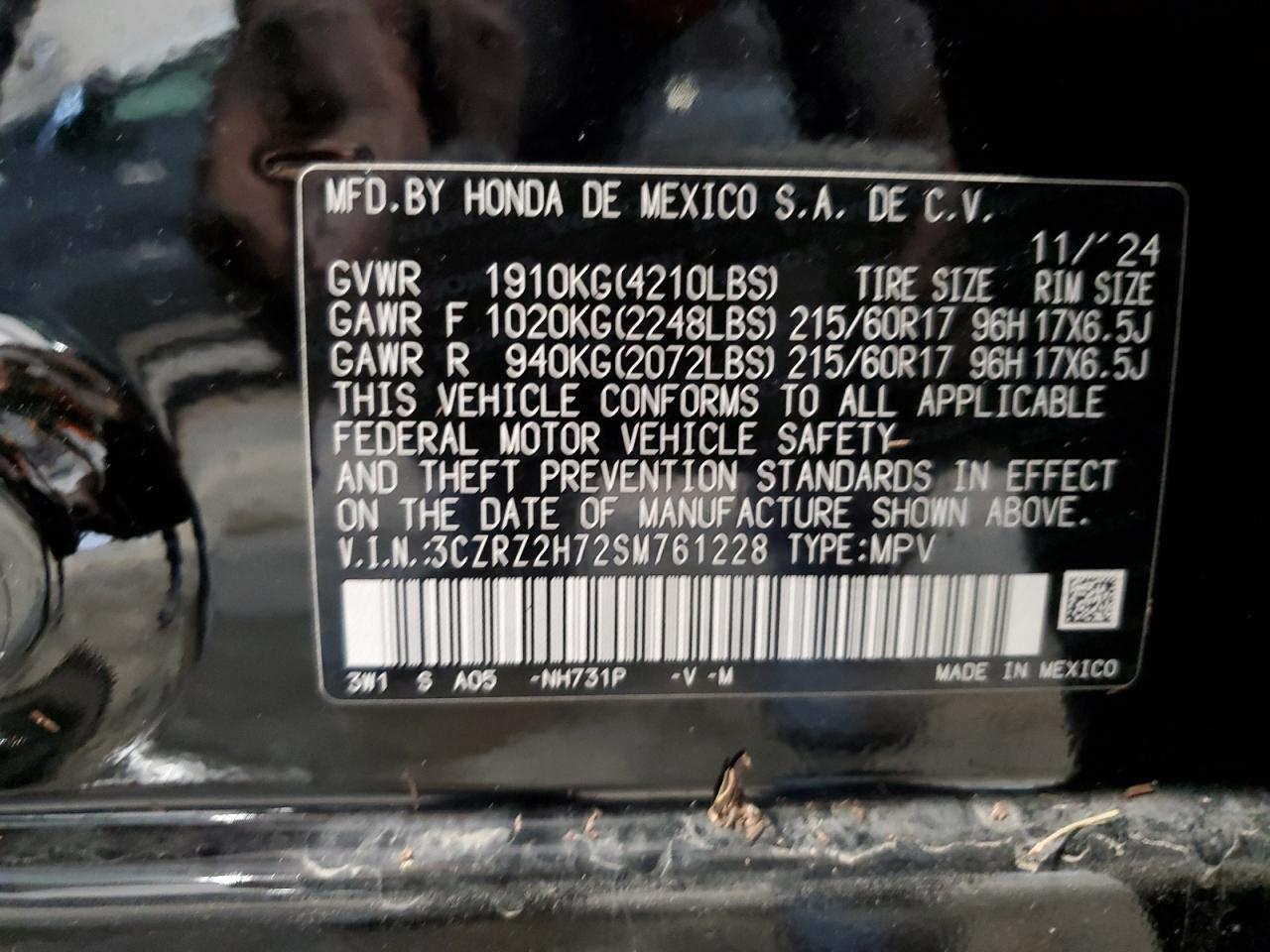 2025 Honda Hr-V Exl VIN: 3CZRZ2H72SM761228 Lot: 68717865